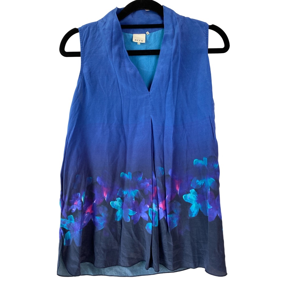 Ecru Womens 100% Silk Blouse S Blue Sleeveless Floral Ombre Artsy Resortwear